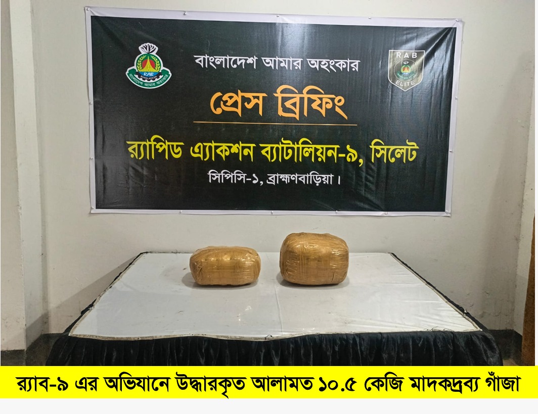 ব্রাহ্মণবাড়িয়ায় র‌্যাব-৯ এর অভিযানে ১০.৫ কেজি গাঁজাসহ মাদক ব্যবসায়ী গ্রেফতার